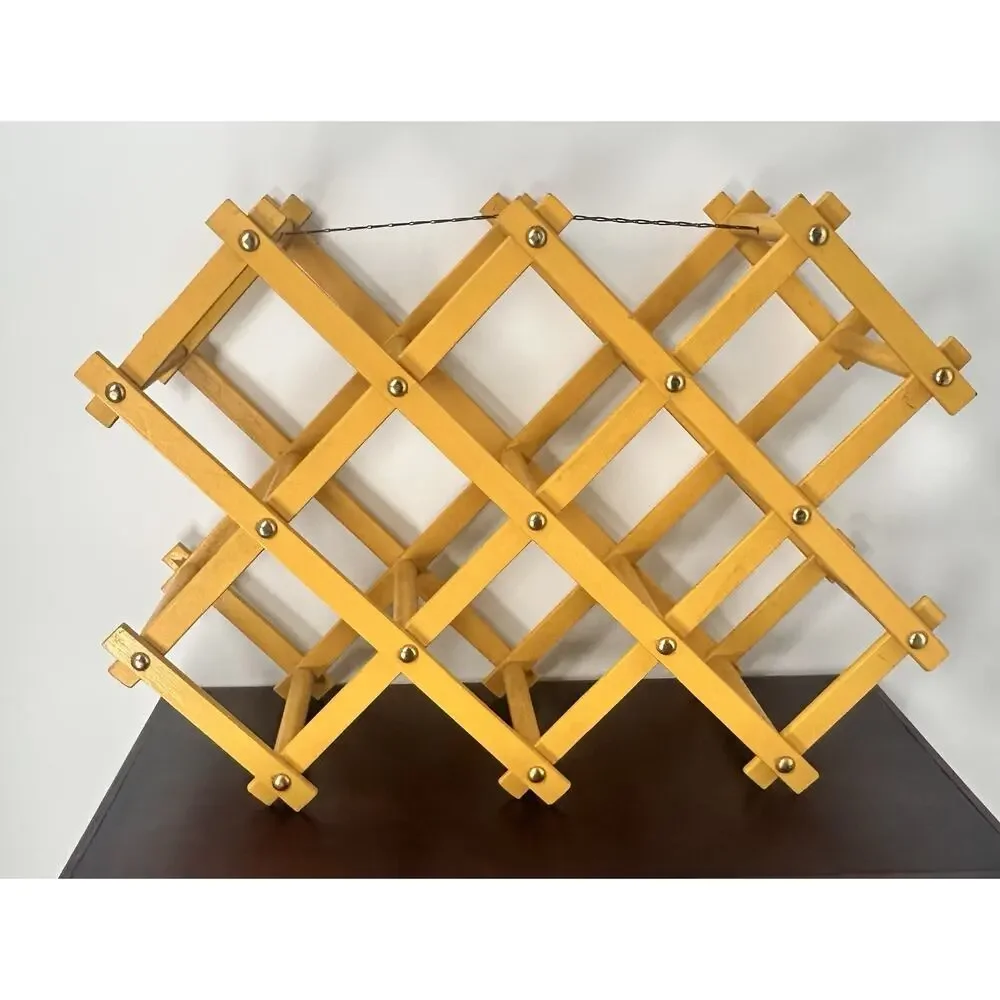 Vintage Yellow Wooden Wine Rack Accordion Fold Up 10 Bottle Holder MCM